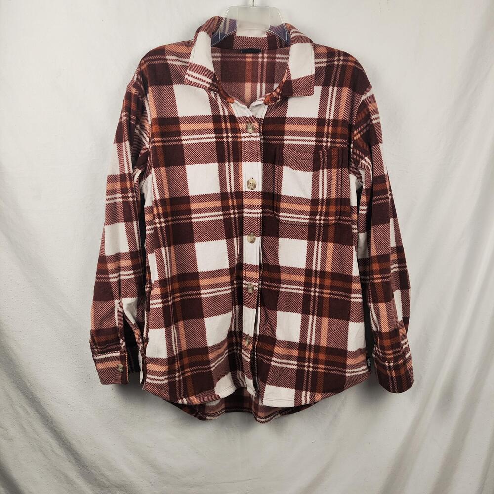 Eddie Bauer Shirt Womens Medium Brown Plaid Fleece Button Up Long Sleeve Casual